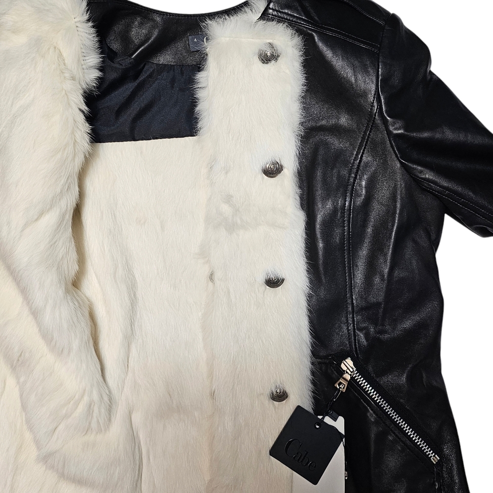Cabe NY Black Leather Napoleon Jacket Real Rabbit Fur Trim Military Hussar Sz 4 - Picture 10 of 16